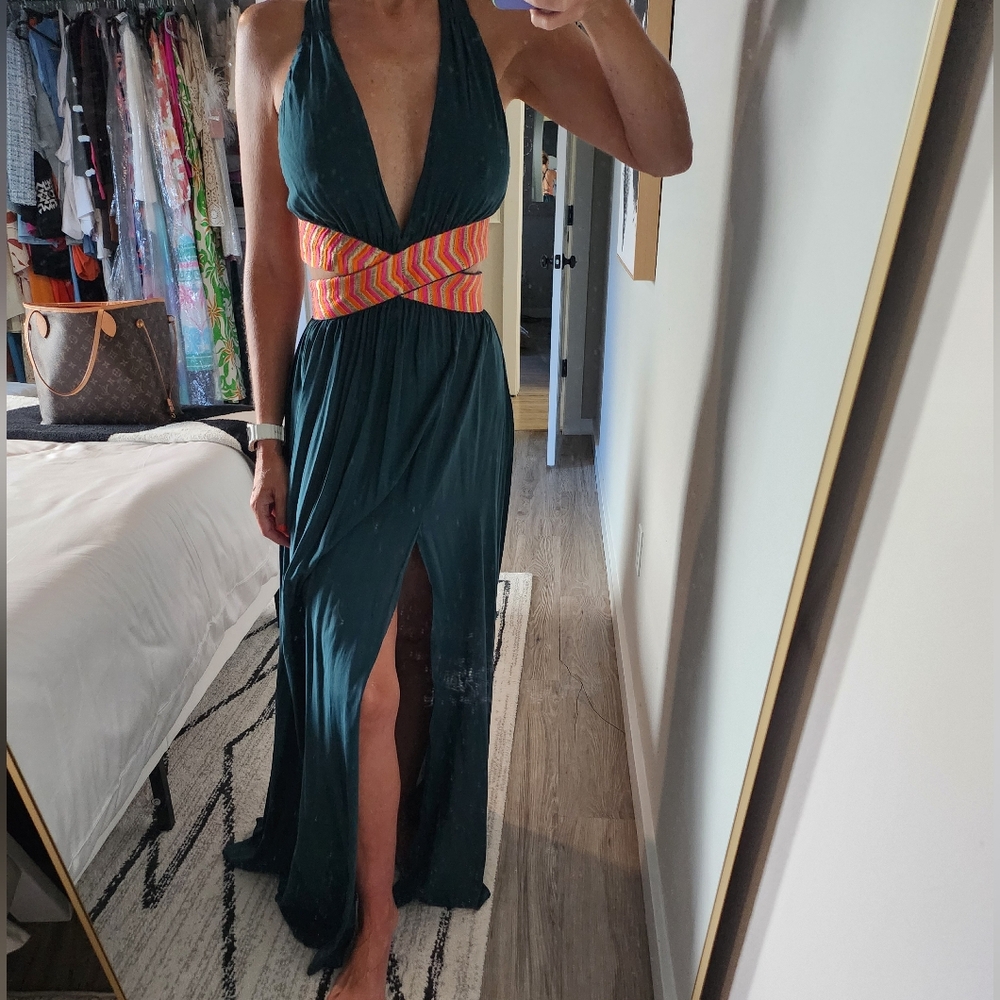 Dark Green Halter Maxi Cutout Dress - Picture 3 of 12